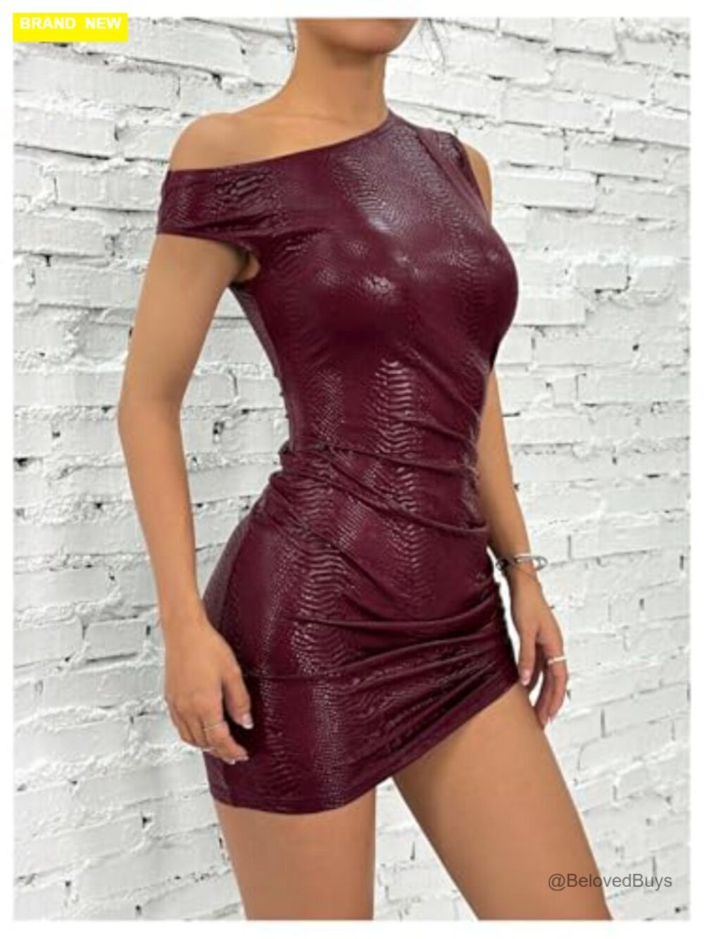Off Shoulder Pu Leather Mini Dress Sexy Drawstring Ruched Club Dress - Picture 2 of 6